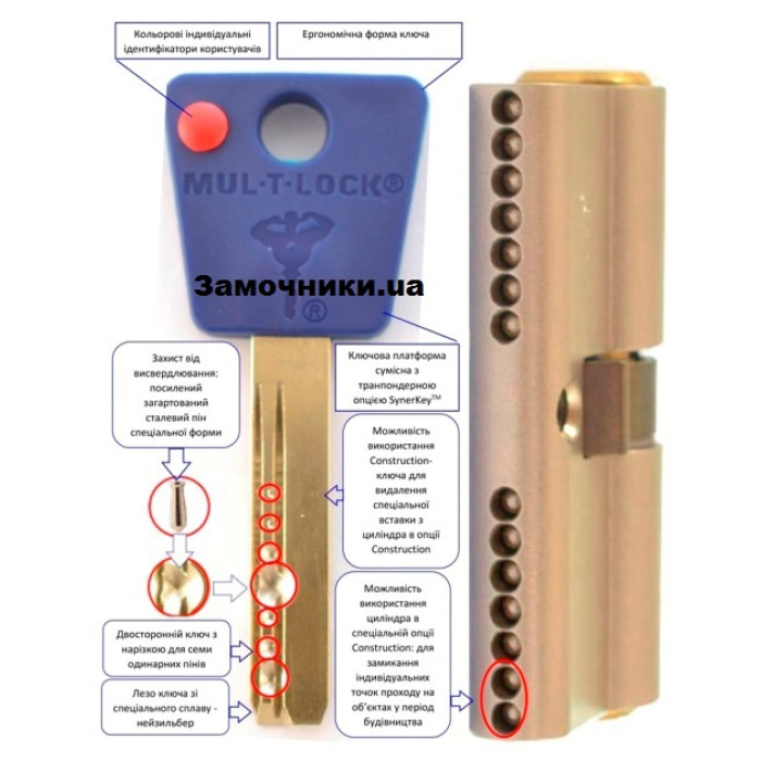Циліндр Mul-T-Lock 7х7 76мм.(31х45) ключ-ключ (матовий хром)