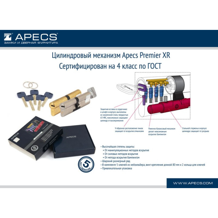 Цилиндр Apecs Premier XR 60 мм. с поворотником никель 
